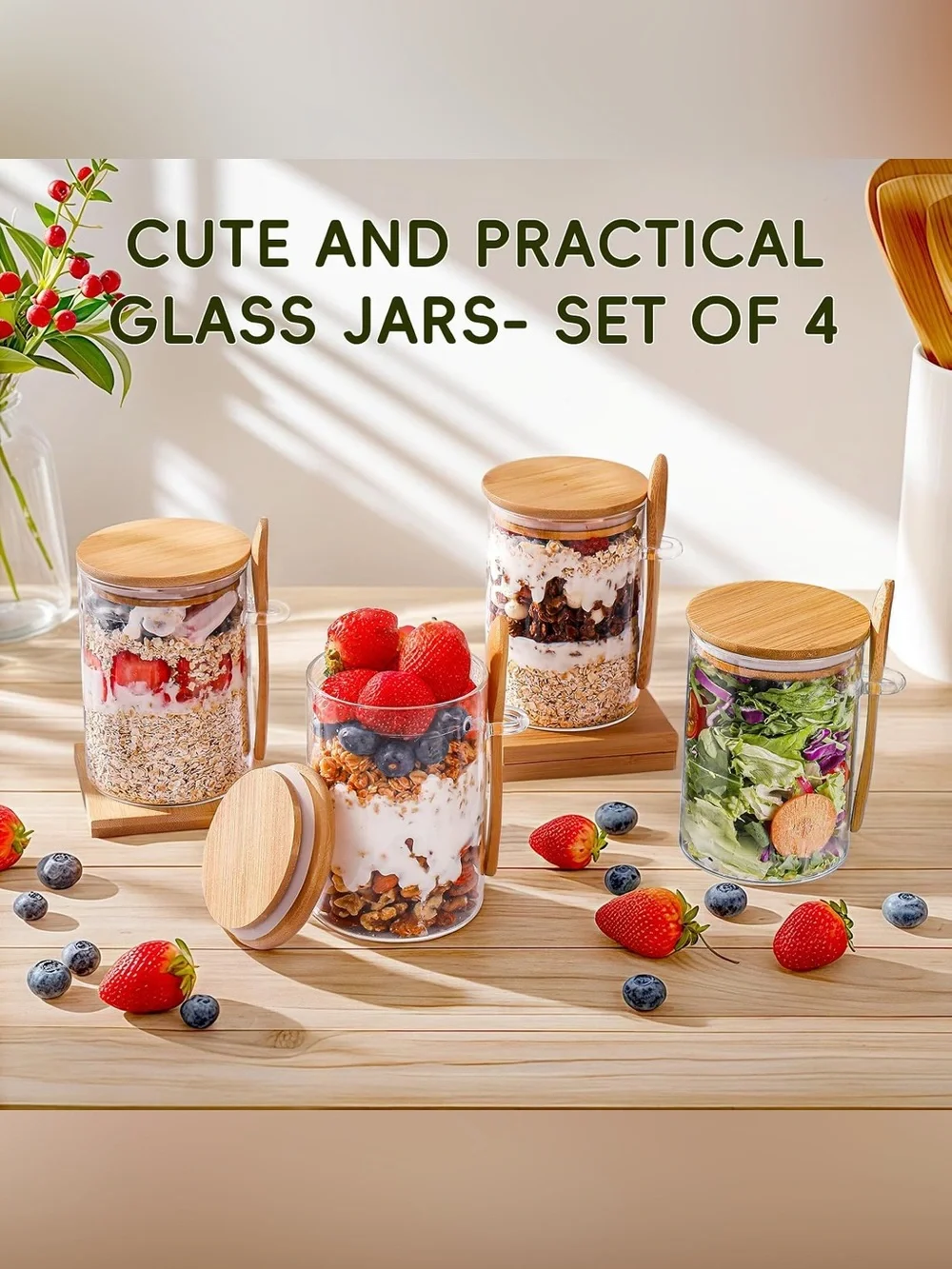 Bamboo Lid Glass Breakfast Jar with Spoons - Clear 4 pack 16 oz each